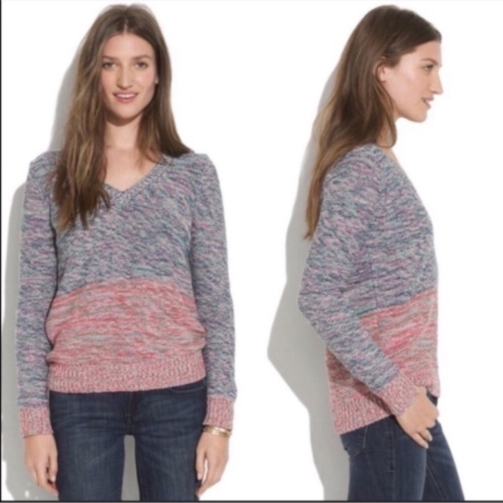 Madewell Spectrum Colorful V Neck Knit Sweater in Green Pink Red Size Small